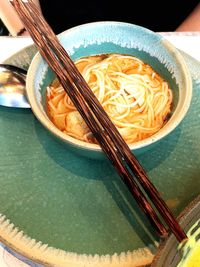 High angle view of rice in bowl on table