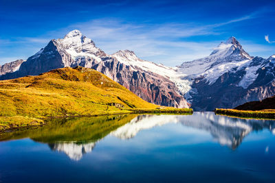 Scenic view of lake by snowcapped mountains against sky