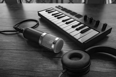 Home music studio microphone, midi keyboard