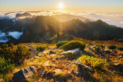 Scenic view of mountains against sky during sunset