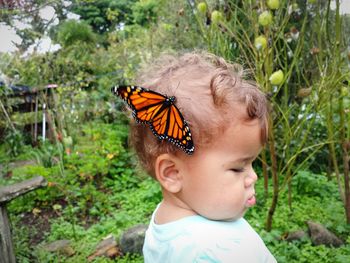 Close-up of cute baby girl with butterfly on head