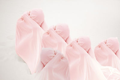 High angle view of pink petals on bed against white background