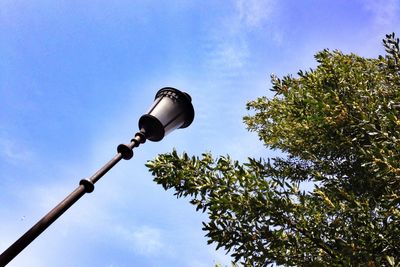 Low angle view of street light against blue sky