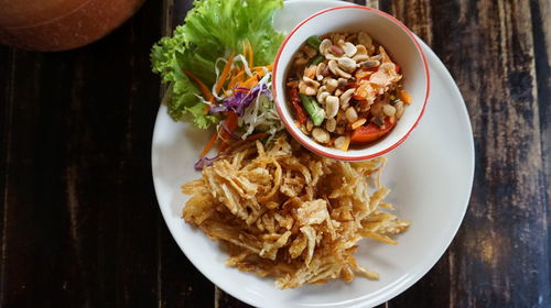 High angle view of meal served on table