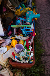 High angle view of toys for sale in market