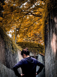 Rear view of man standing by plants during autumn
