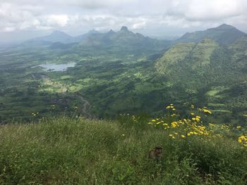 Scenic view of landscape and mountains against cloudy sky