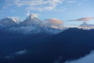 Scenic view of snow covered mountains against sky