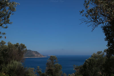 Scenic view of sea against clear blue sky