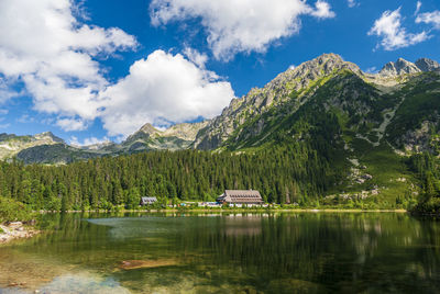 Scenic view of lake and mountains against sky