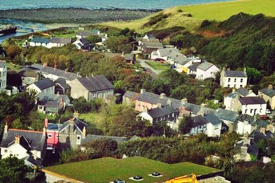 High angle view of houses in town