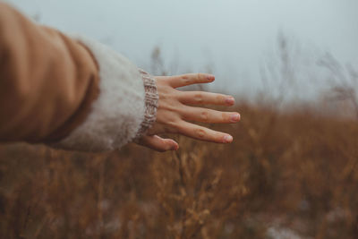 Midsection of woman hand on field