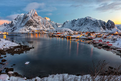 Scenic view of lake and snowcapped mountain against sky