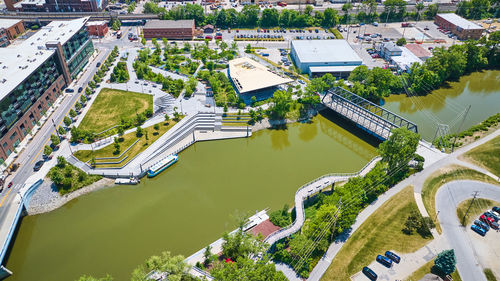 High angle view of buildings in city