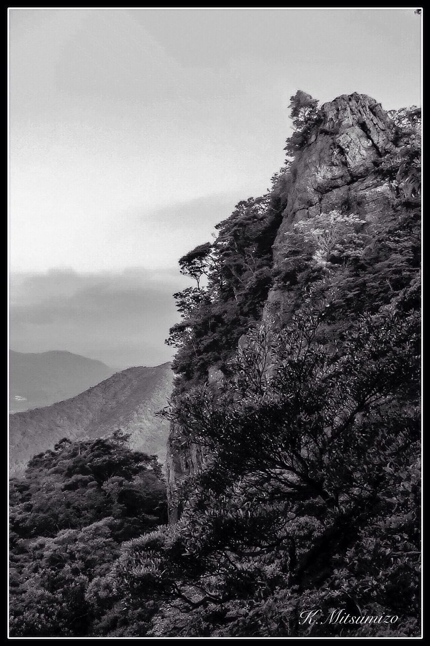 transfer print, auto post production filter, tranquil scene, tranquility, mountain, sky, scenics, rock formation, tree, nature, beauty in nature, landscape, rock - object, non-urban scene, cliff, rock, rocky mountains, low angle view, non urban scene, remote