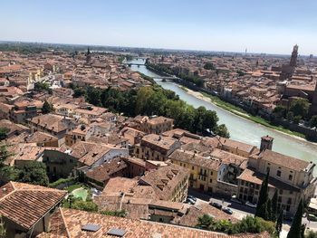 High angle view of townscape and river against sky