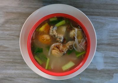 High angle view of soup in bowl on table