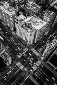 High angle view of street and buildings in city