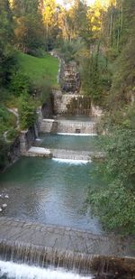 High angle view of waterfall in forest