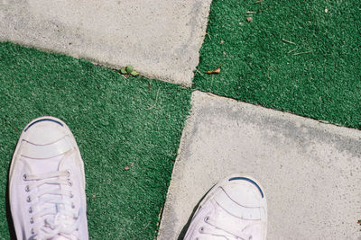 Low section of man standing on grass