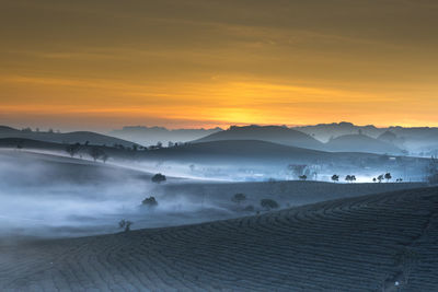 Scenic view of mountains against sky during sunset