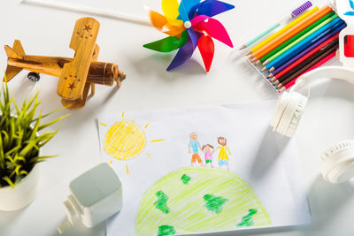 Directly above shot of multi colored toys on table