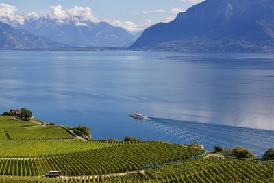 Amazing view of geneva lake, lac leman, with saint saphorin village, switzerland. 