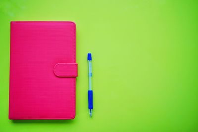 Directly above shot of pink pen on green background