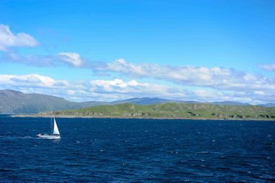 Sailboat sailing on sea against sky