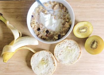 High angle view of breakfast on table