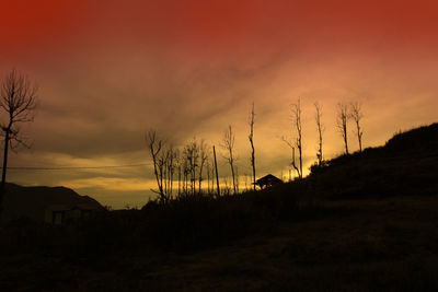 Silhouette plants on field against dramatic sky during sunset