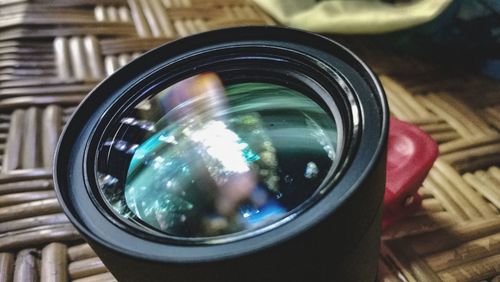 High angle view of camera on table