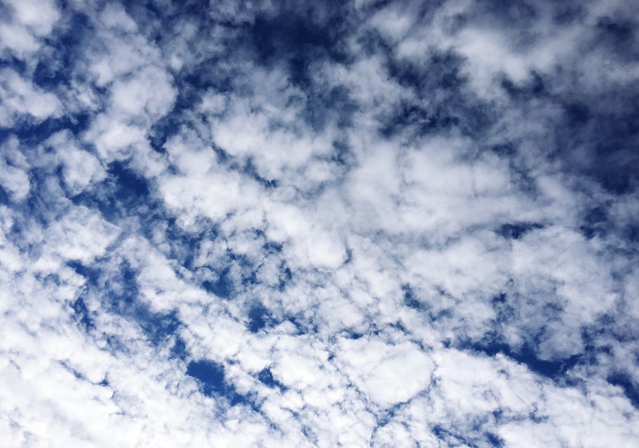 sky, cloud - sky, low angle view, tranquility, beauty in nature, backgrounds, sky only, cloudy, white color, scenics, nature, full frame, cloudscape, tranquil scene, blue, weather, cloud, white, day, idyllic