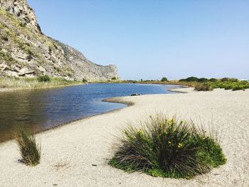 Scenic view of lake against clear blue sky