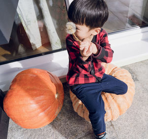 A boy holds a dandelion flower and sits on a big pumping