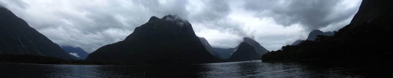 Panoramic view of sea and mountains against sky