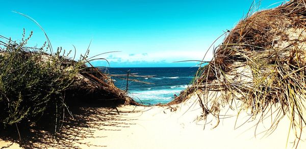 Scenic view of sea against clear blue sky