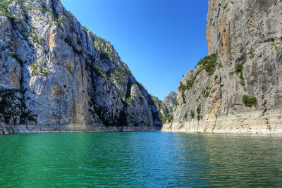 Scenic view of sea against clear blue sky