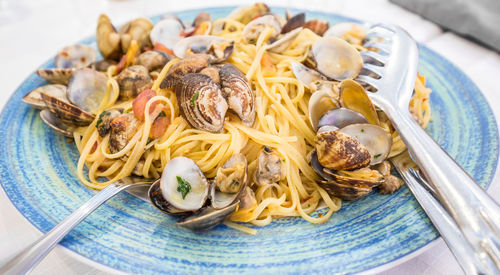 Close-up of clams with spaghetti served in plate