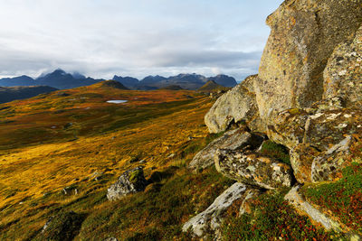 Scenic view of landscape against sky on lofoten islands in norway