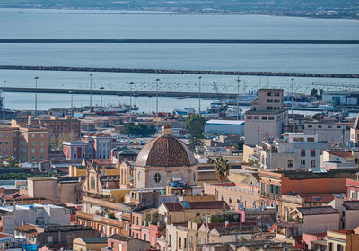 High angle view of buildings in city