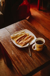 High angle view of cake in plate on table