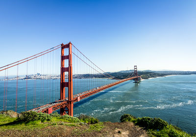 View of suspension bridge against clear blue sky