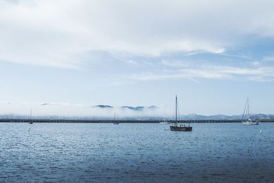 Sailboats in sea against sky