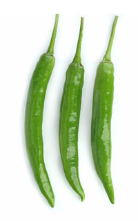 Close-up of green chili pepper against white background