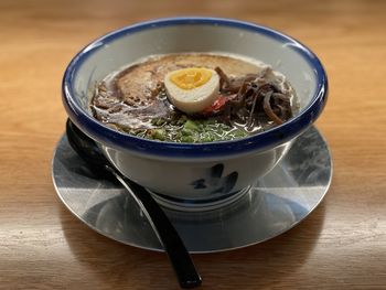 High angle view of soup in bowl on table