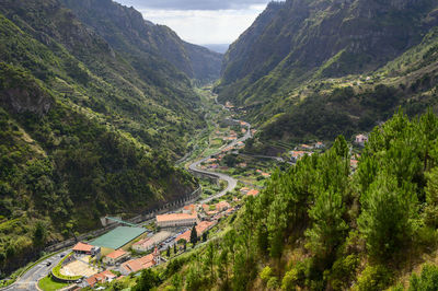 High angle view of trees and mountains