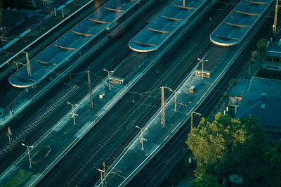 High angle view of vehicles on road in city