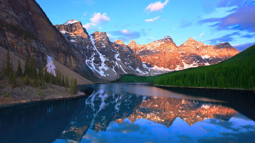 Scenic view of lake and mountains against sky,policeman's creek in canmore, alberta,canada