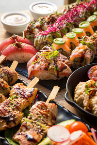 High angle view of food served on table